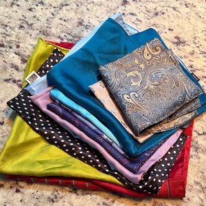 Lot of 13 assorted color silk and satin various sized pocket squares.